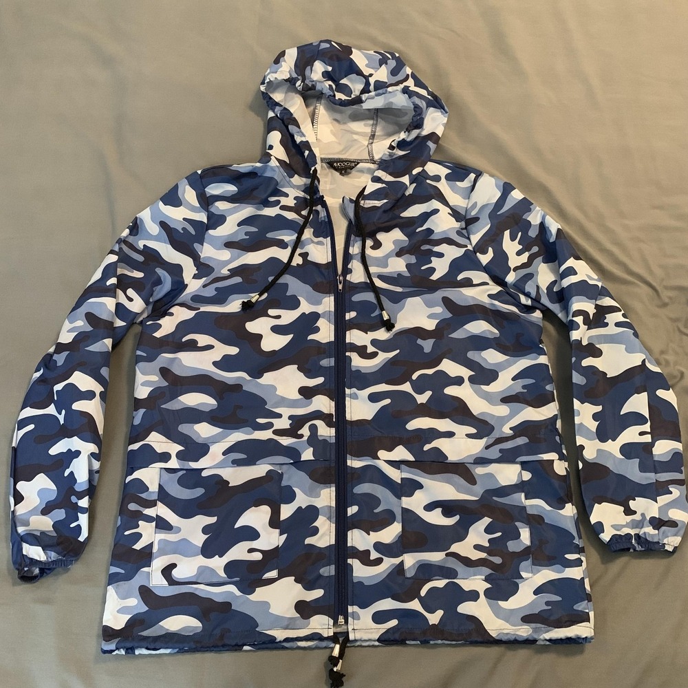 Avoogue Rain Coat Mens Medium Blue Camo‎ Hooded Lightweight Zip Windbreaker